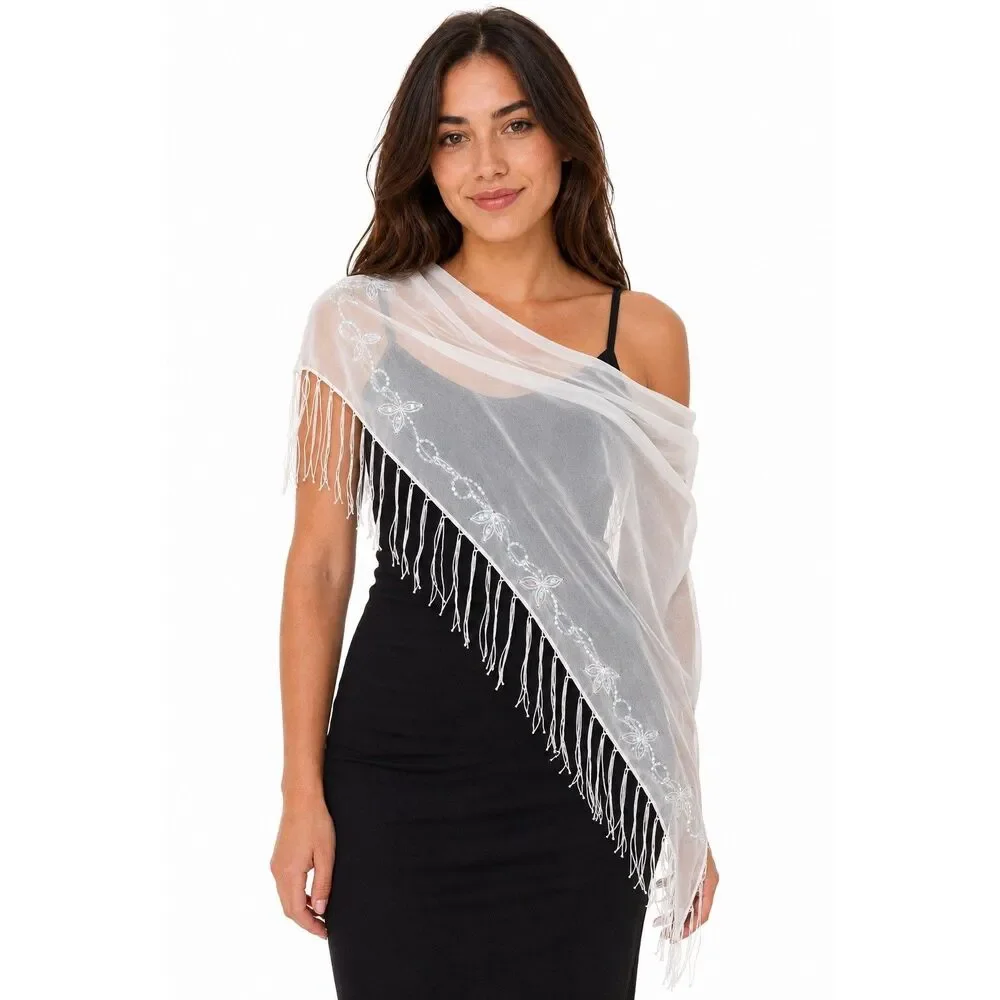 NWT Deb White Embroidered Sequin Fringe Triangle Scarf OS